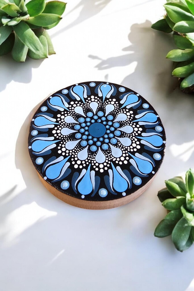 Decapsuleur rond en bambou mandala pointillisme bleu et blanc, aimant de réfrigérateur, ouvre bouteille de bière
