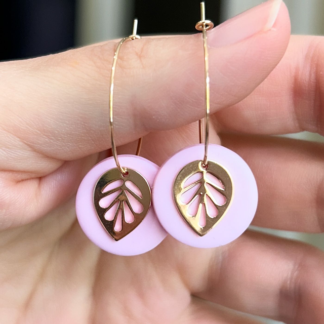 Hoop earrings with pink clay and leaf charm