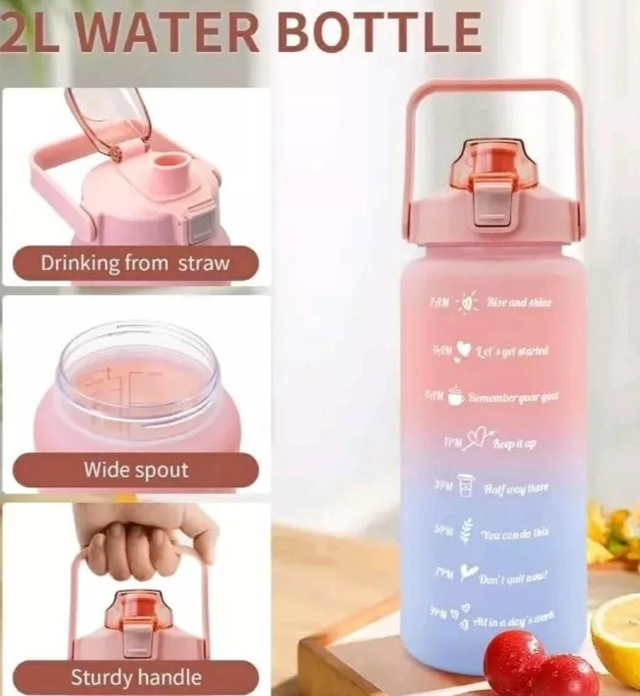 2L Water Bottle Motivational Drink Flask With Straw BPA Free Sport Gym