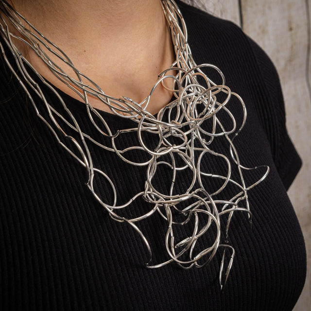 Elegant Multi Strand Silver Necklace 