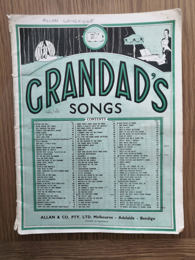 Grandad’s Songs Vintage Sheet Music Book Allan &amp; Co Pty Ltd Melbourne
