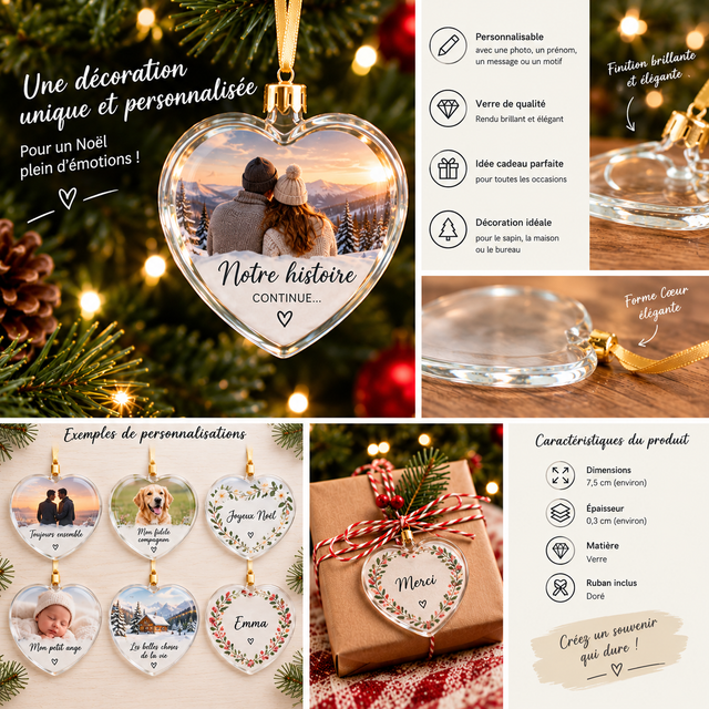 Ornement Cœur en Verre Personnalisé – Décoration de Noël avec Photo, Prénom ou Message – Idée Cadeau Romantique