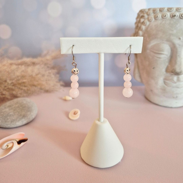 Boucles d’oreilles CŒUR NOMADE – Quartz Rose naturel &amp; Smiley argenté