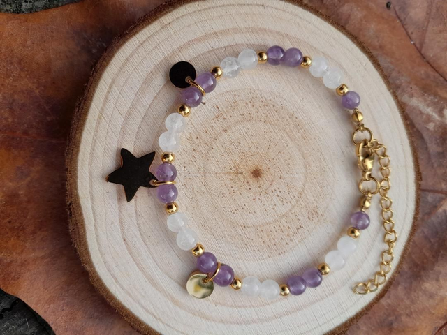 Bracelet doré Améthyse &amp; cristal de roche