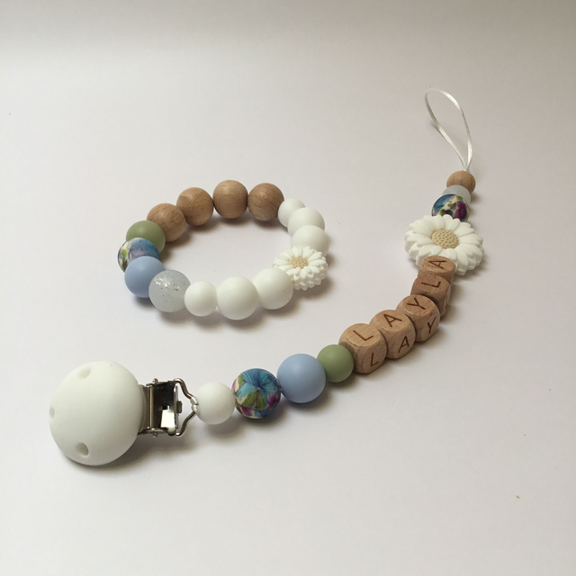 Lot attache tétine et jouet de dentition bleuet