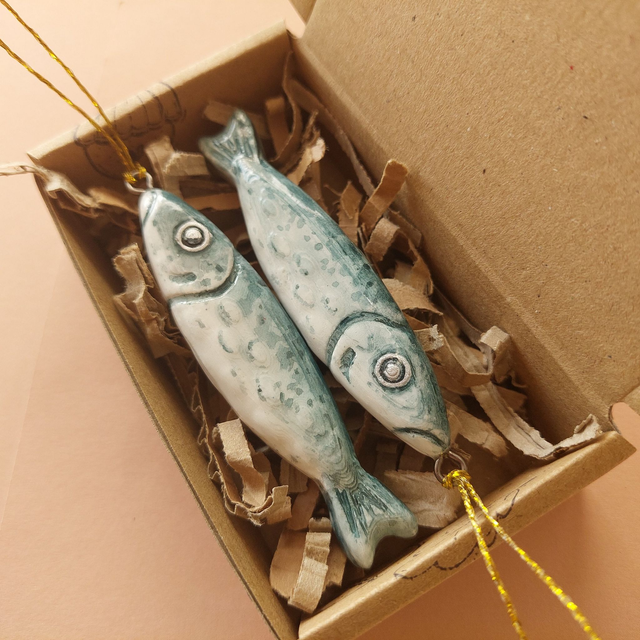 Shiny sardine clay ornament - boho Christmas tree decoration - fish