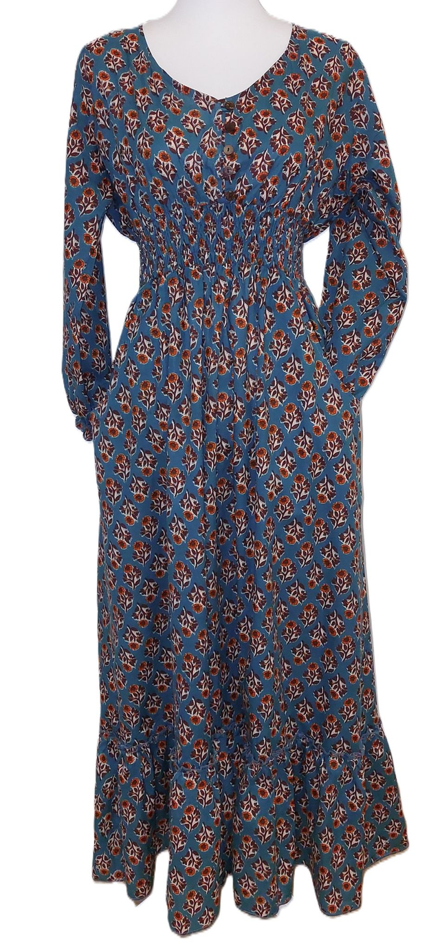 Robe manches-longues en coton indien - Motif floral - Éthique et Naturel – Style Bohème Chic - Col V ou rond