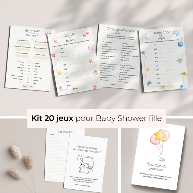 Pack 20 jeux pour Baby Shower fille