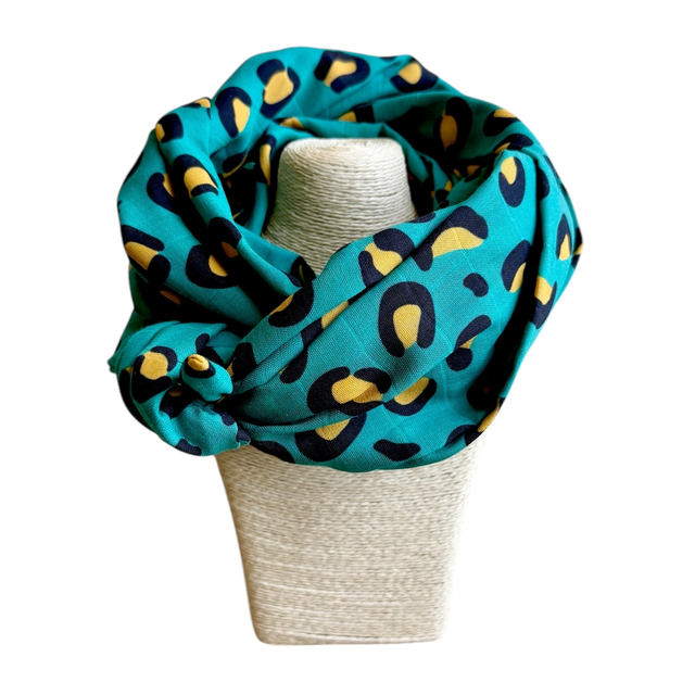 Echarpe 180 cm de long - LÉOPARD - turquoise et jaune