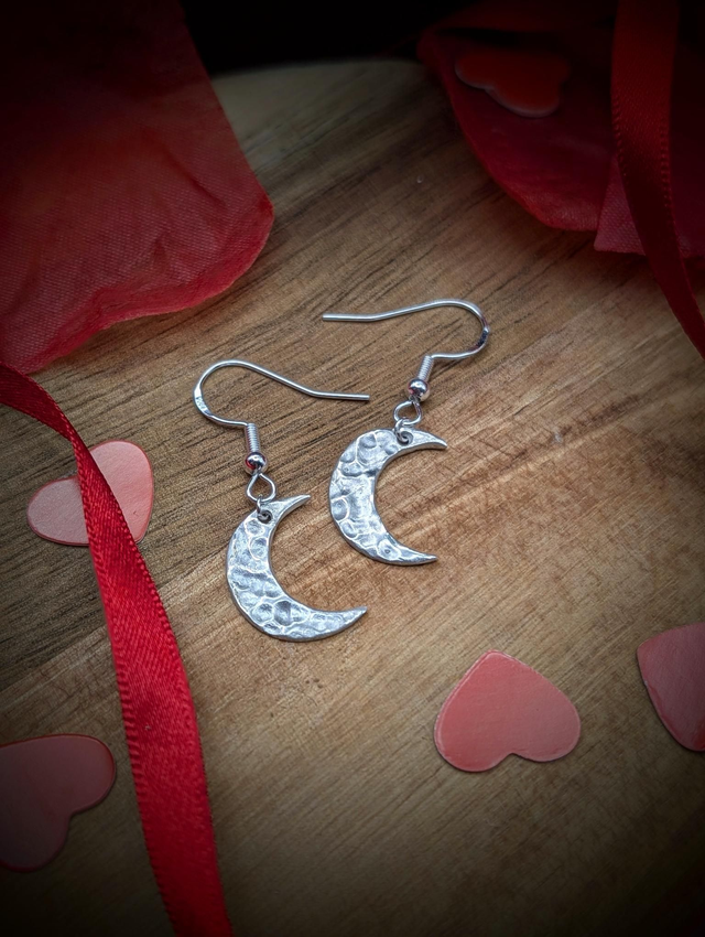 Hammered Crescent Moon Earrings, Sterling Silver 