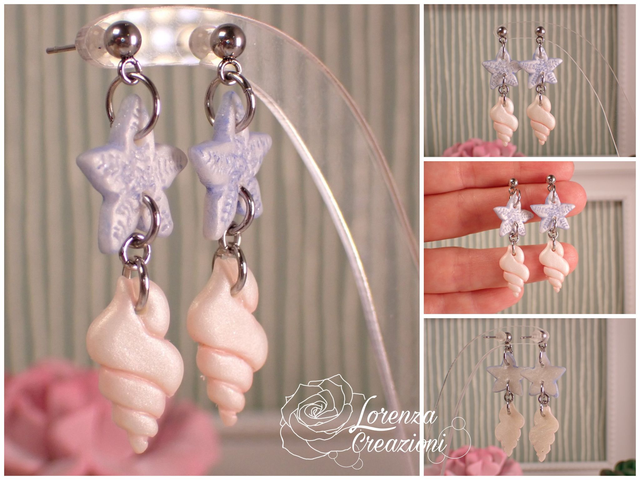 Orecchini a tema marino con conchiglie e stelle marine, azzurro e bianco perla rosato
