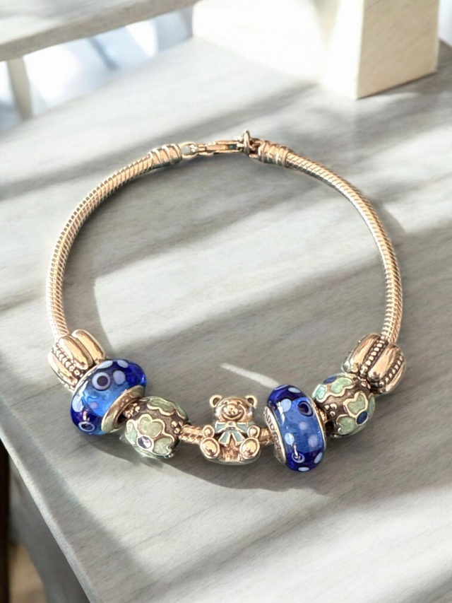 Discontinued Pandora Silver Snake Chain Bracelet with 7 Charms | Rare Set