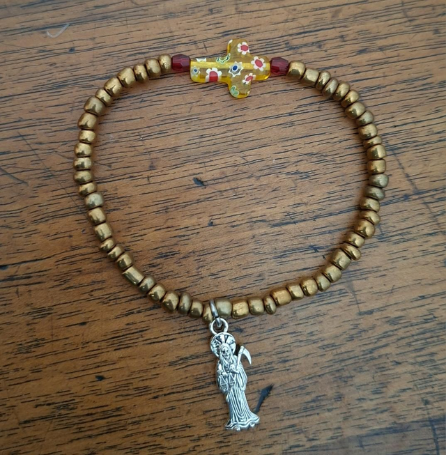 Bracelet Santa Muerte doré/croix chrétienne milfiori