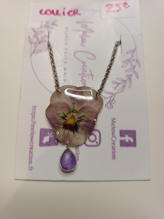 Collier Fleur séchée Pensée Améthyste