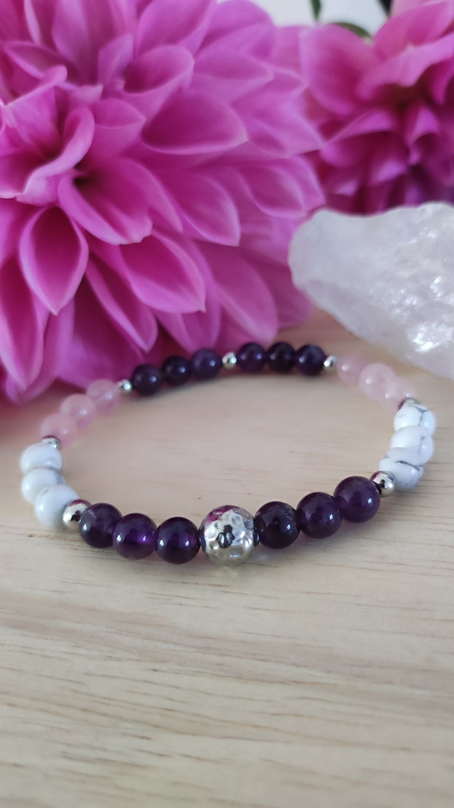 Bracelet "Paix intérieure" Boule Améthyste, Quartz rose et Howlite
