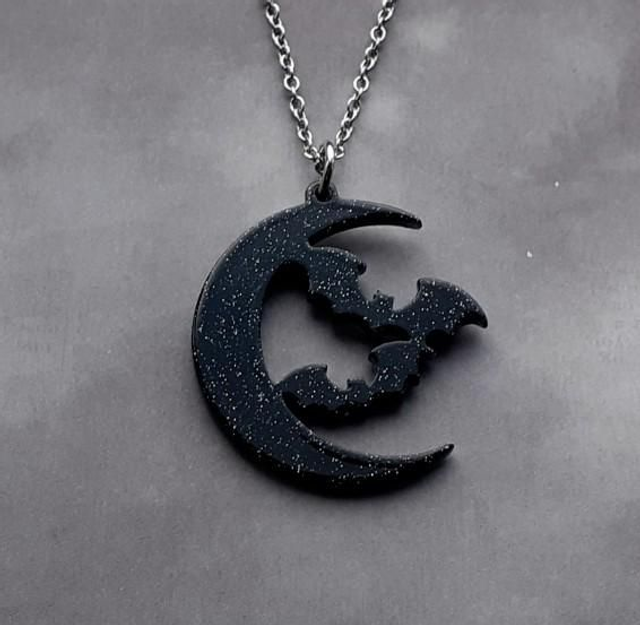 Sparkly Black Moon and Bats Necklace 