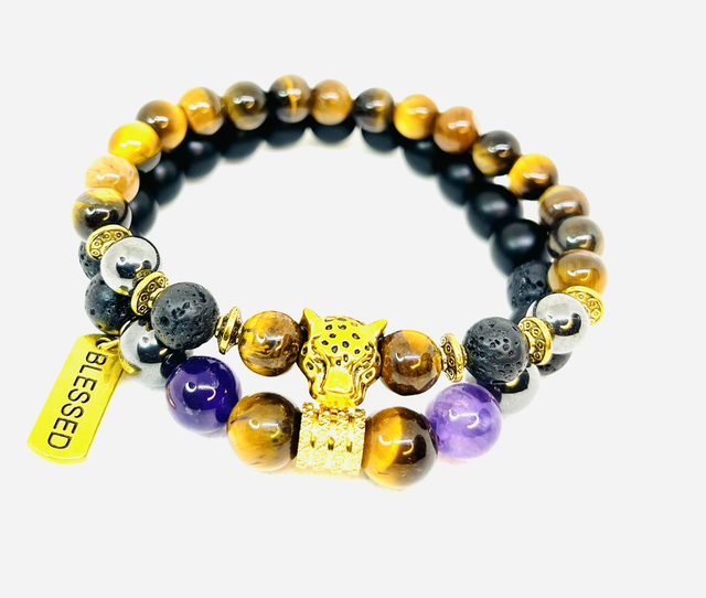 Golden Guardian – Luxe Herenarmbandenset met Tijgeroog en Amethist