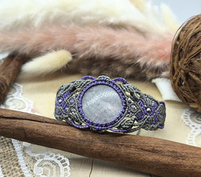 Bracelet tissage multicolore gris/violet avec obsidienne argentée 