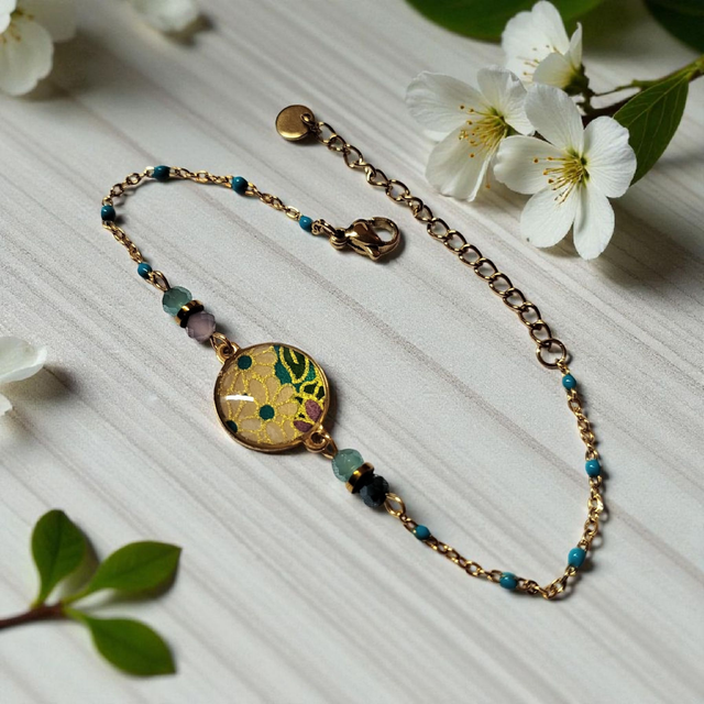 bracelet acier inoxydable motifs japonais bleu beige et doré