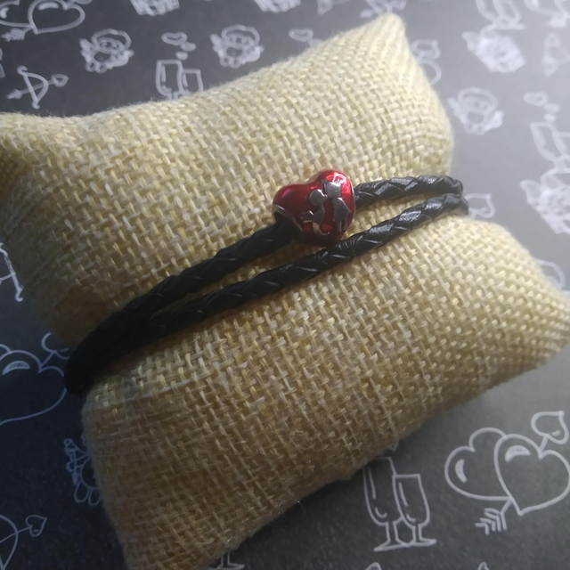 Bracelet cuir cœur argent rouge 