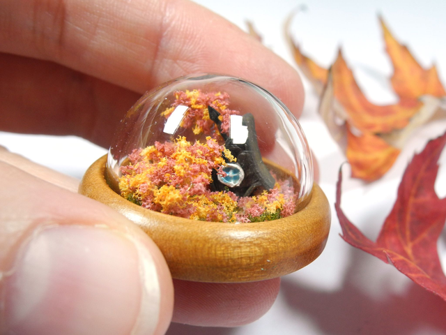 Cabin in an Autumn Forest –  One of a kind miniature biosphere jewelry – glass pendant with a mahogany base