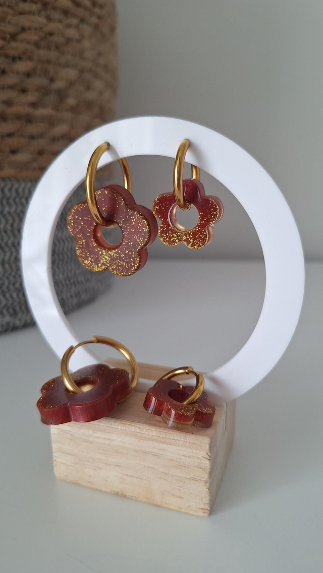 Boucles d&#039;oreilles bordeaux/paillettes dorées Duo Mère/Fille 