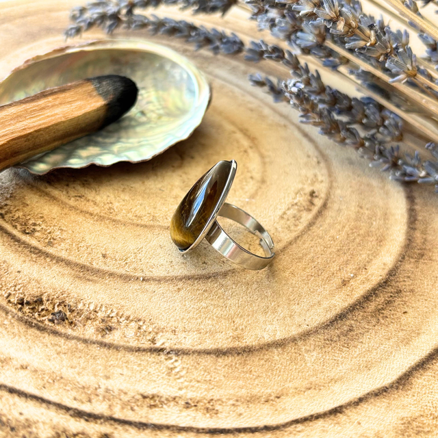 Bague goutte réglable oeil de tigre & inox couleur argenté