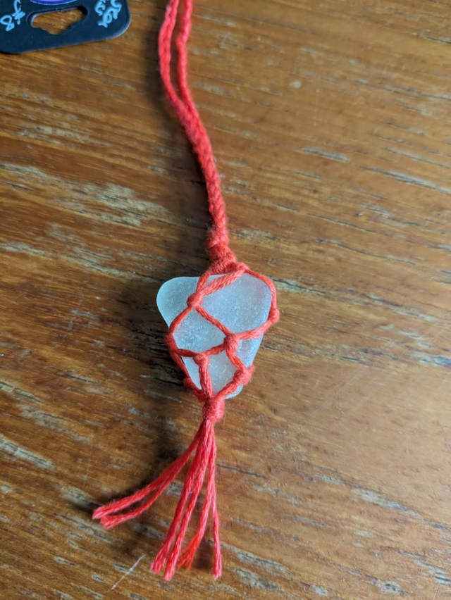 Macrame red necklace with sea glass