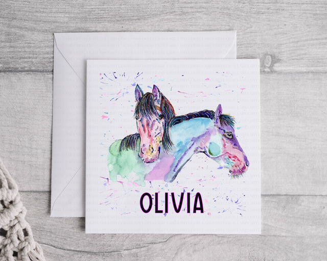 Personalised watercolour splatter horse card