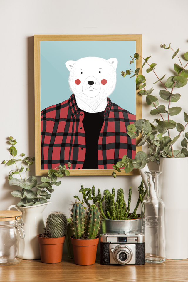 Affiche ours polaire en chemise à carreaux