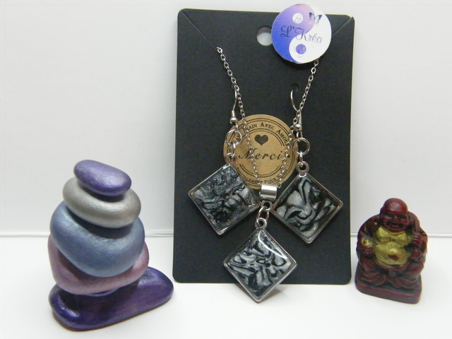 Cabochon Carré Noir/Gris/Blanc nacré