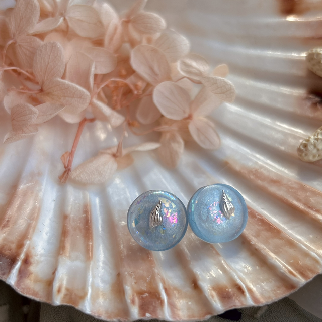 Silver Shell Circular Stud Earrings Holographic Stainless Steel 