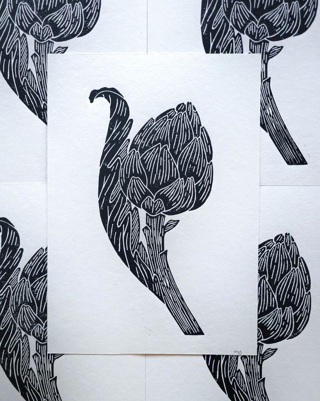 Linogravure Artichaut – Impression artisanale A5 sur papier bamboo