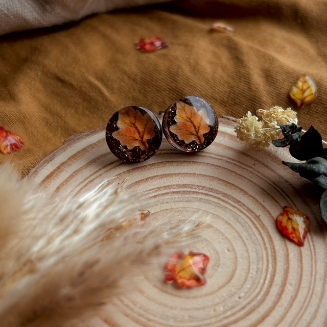 Autumn Leaf Stud Earrings - Deep Bronze, Copper and Orange