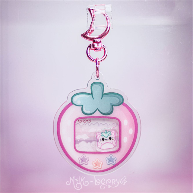 Porte-clé Shaker Tamagotchi Fraise avec chaton kawaii