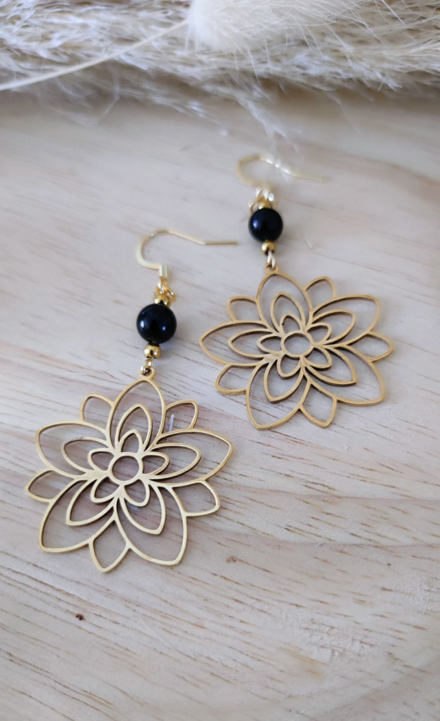 Boucles d'oreilles Fleur et Obsidienne dorée