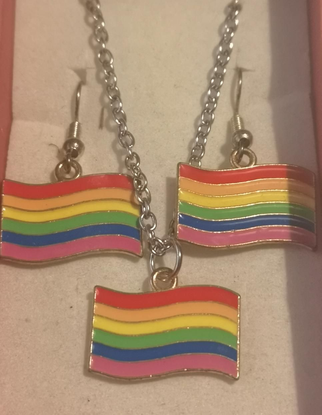 Enamel Rainbow Flag Pendant Necklace and Earring Set. 