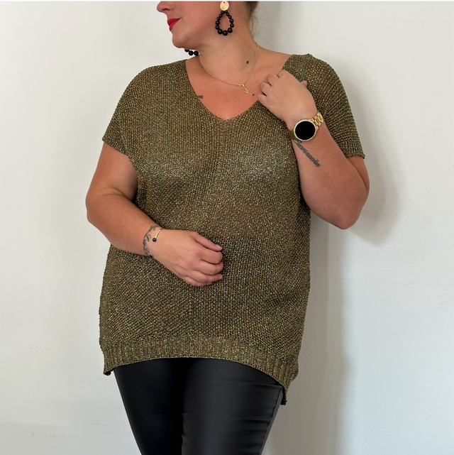 2516-Pull crochet kaki doré Taille unique 42-52