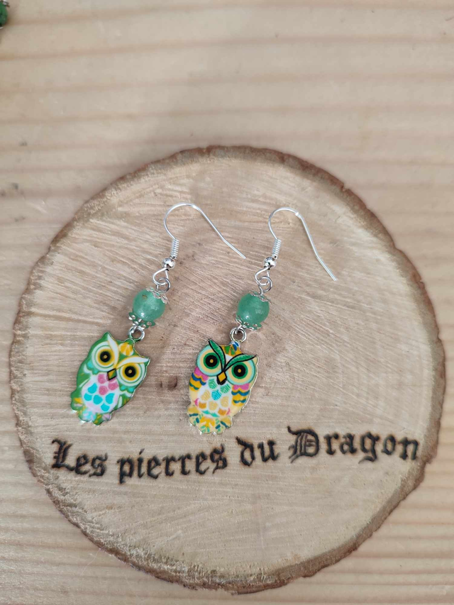 Boucles d&#039;oreilles Vision éveillée, chouettes et aventurine verte