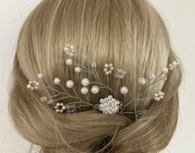 Floral Spray Style Hand Wired Hair Comb Beaded with Pearl, Crystals and Rhinestones, for Brides, Bridesmaids, Prom in Silver tones