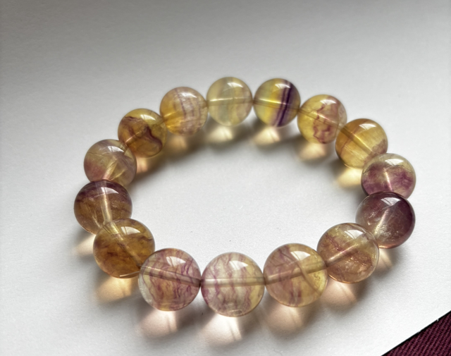 Yellow &amp; Purple Layer Fluorite Bracelet – 14mm Beads