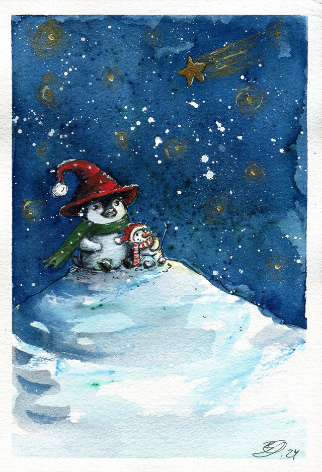 FineArt-Print - kleiner Pinguin & Schneemann genießen die Nacht