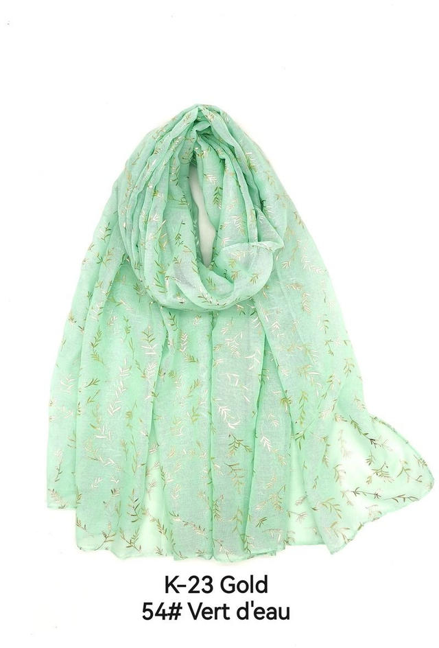 *FOULARD VERT D EAU FEUILLES DOREES 