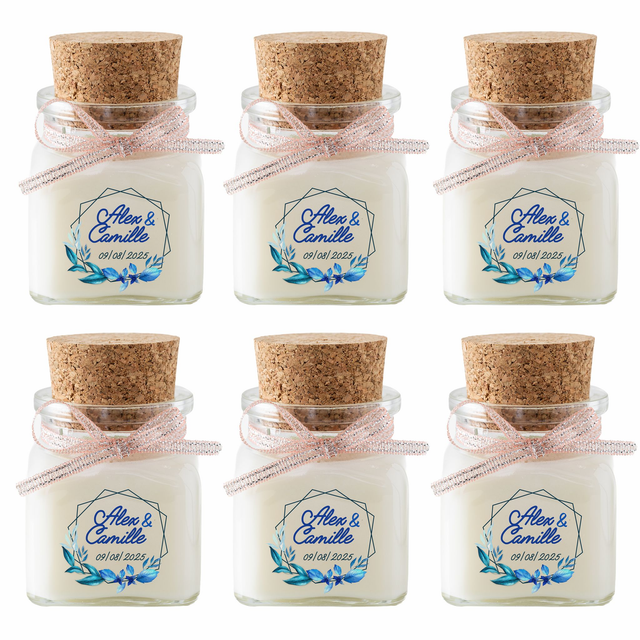 6 Bougies personnalisées parfumées : cadeaux invités mariage, décoration de table - Pot en verre 120ml avec bouchon en liège, Parfum au choix