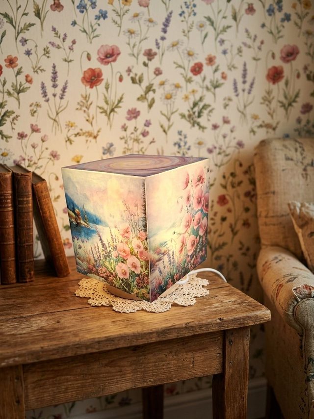 Lampe d'ambiance en cire 12x12cm - "Nature fleurie"