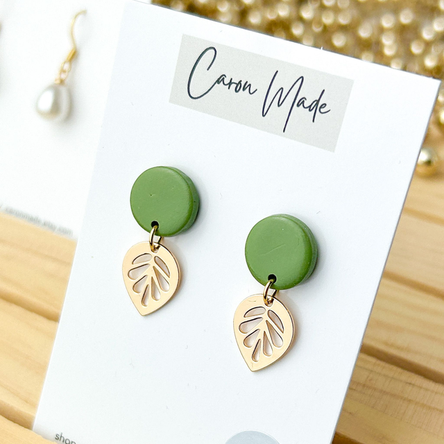 Olive green and gold leaf small drop earrings