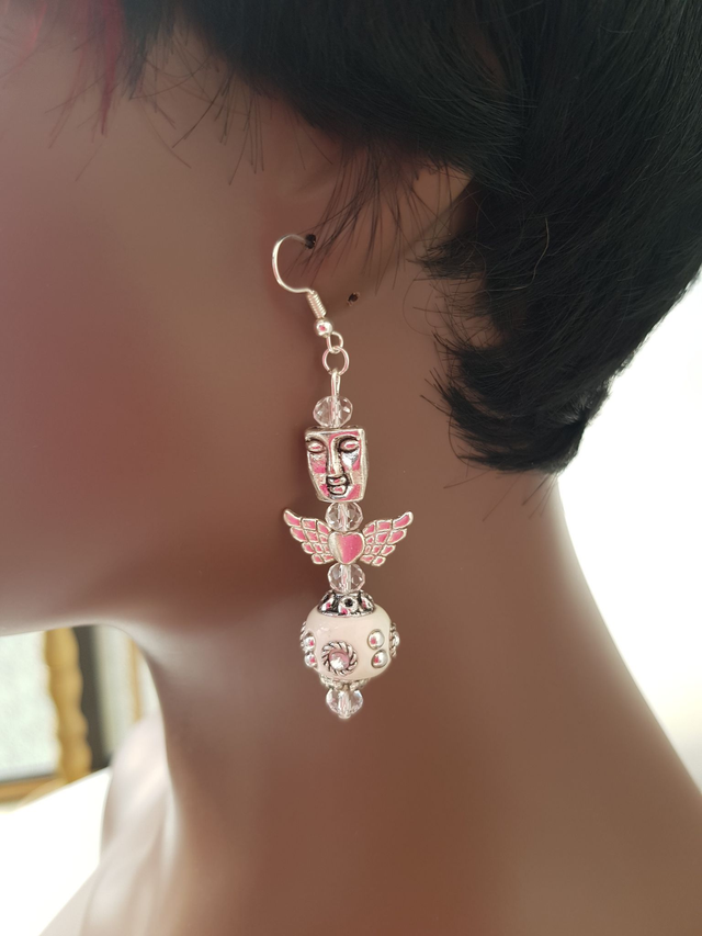 Boucles D'oreilles Ange Ailes Argenté Perles Indonésiennes Cristal
