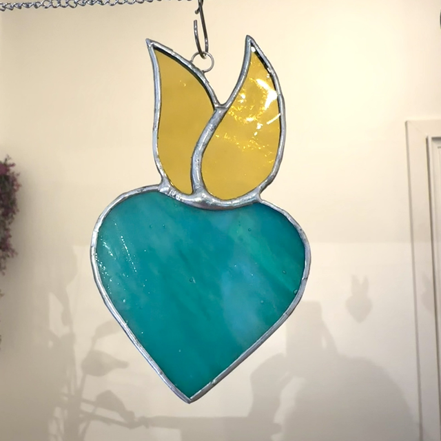 Mini cœur vitrail (bleu et jaune)
