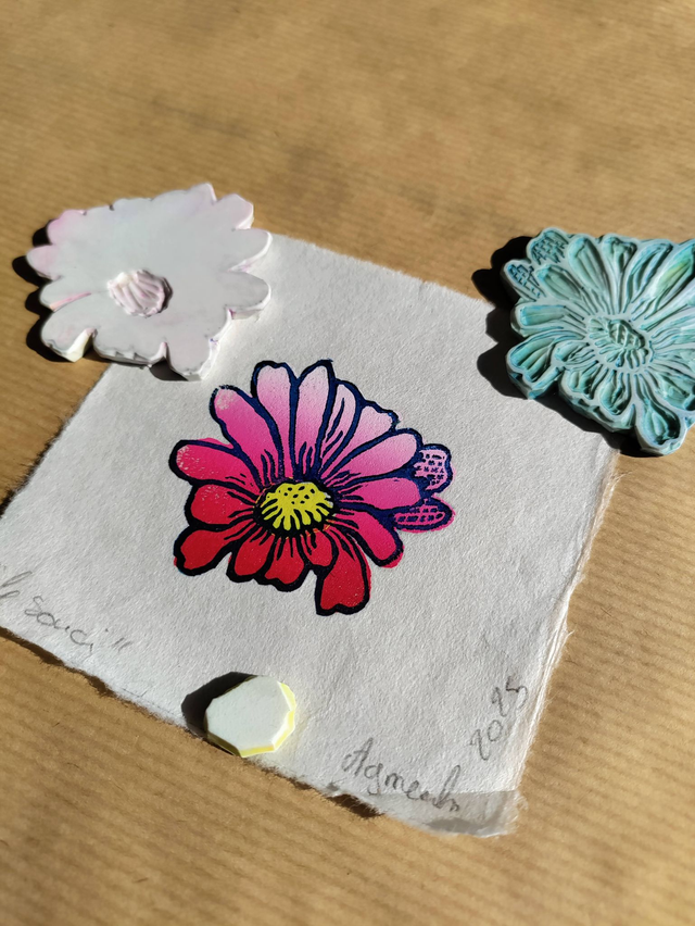 mini impression " fleur" linogravure