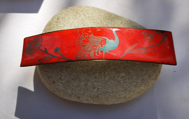 Barrette à Cheveux &quot; Rouge et Paon &quot;
